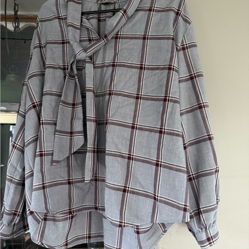 Ann Taylor Gray and Burgundy Plaid Blouse